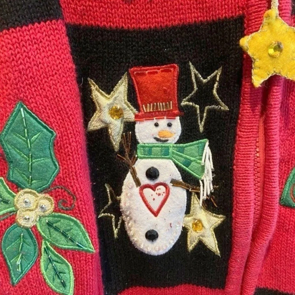 Tiara International Ugly Christmas Sweater Womens Small Zip Cardigan Applique‎